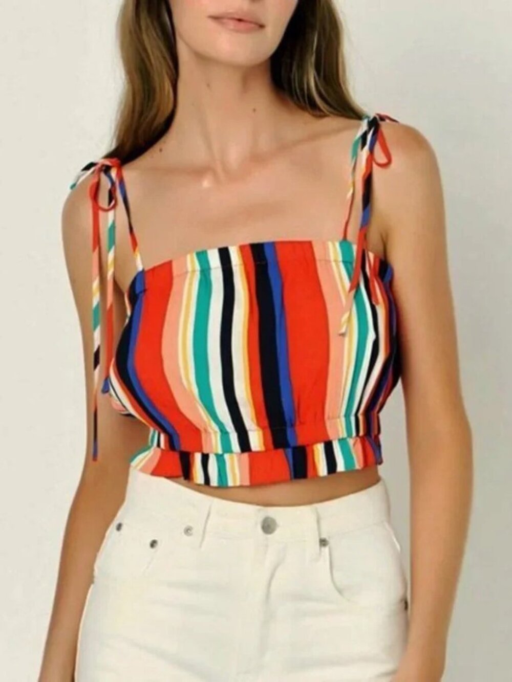 New English Factory Rainbow Stripe Tie Strap Crop Tank Top Medium